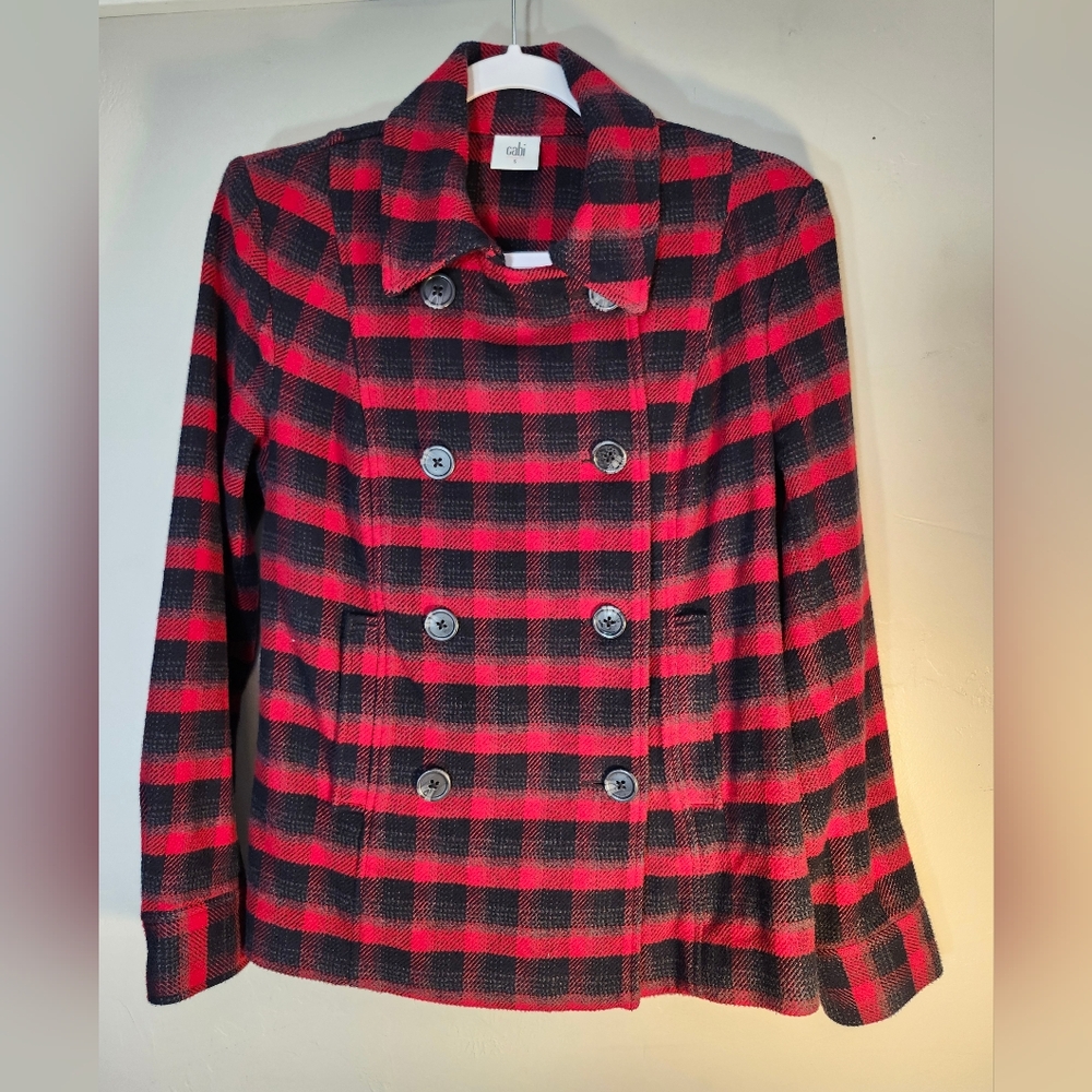 Cabi Double Breasted  Plaid Buffalo Pea Coat in Red and Black Sz S